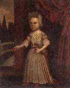 unknow artist Portrait of a young girl,full length,holding a toy dog and a bunch of cherries,set beside a partly-draped red curtain Spain oil painting artist